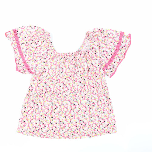 Marks and Spencer Womens Pink Floral 100% Cotton Basic Blouse Size 6 Square Neck - Crochet Detail