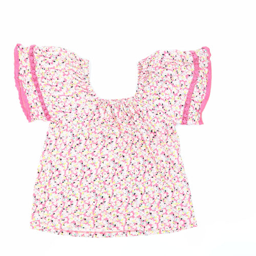 Marks and Spencer Womens Pink Floral 100% Cotton Basic Blouse Size 6 Square Neck - Crochet Detail