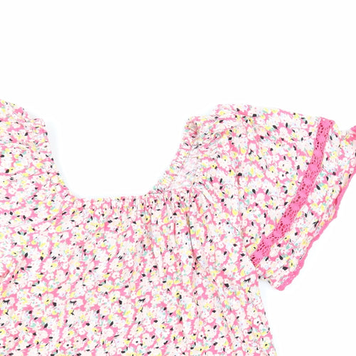 Marks and Spencer Womens Pink Floral 100% Cotton Basic Blouse Size 6 Square Neck - Crochet Detail