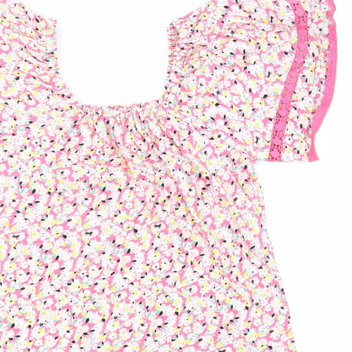 Marks and Spencer Womens Pink Floral 100% Cotton Basic Blouse Size 6 Square Neck - Crochet Detail