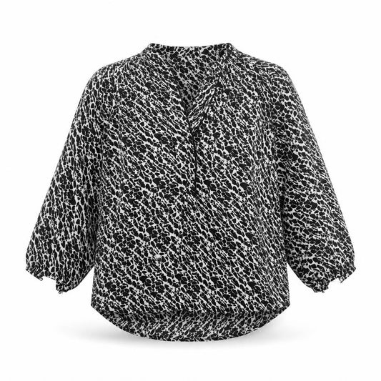 Front view of H&M women’s black geometric polyester basic blouse, size UK 4, v-neck