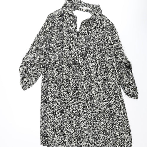 Biscote Womens Black Animal Print Polyester Shift Size S Collared Pullover - Cut Out Back Leopard Print