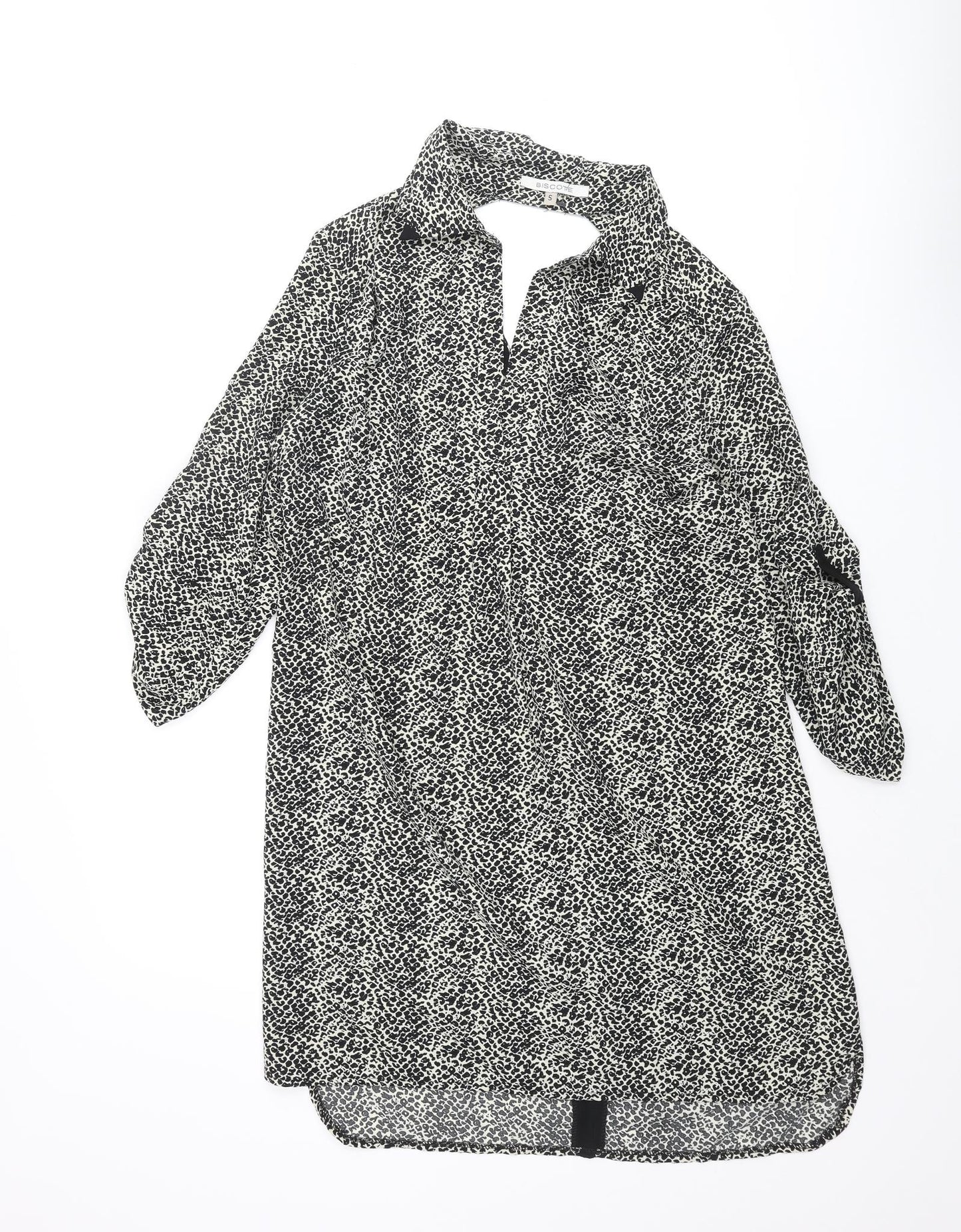 Biscote Womens Black Animal Print Polyester Shift Size S Collared Pullover - Cut Out Back Leopard Print