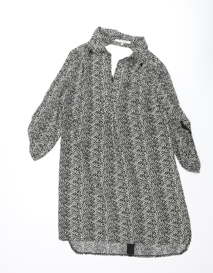 Biscote Womens Black Animal Print Polyester Shift Size S Collared Pullover - Cut Out Back Leopard Print