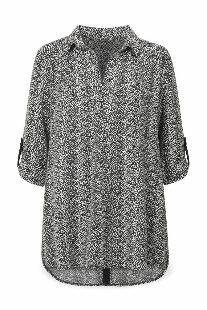 Front view of Biscote women’s black animal print polyester shift, size S, collared pullover - cut out back leopard print