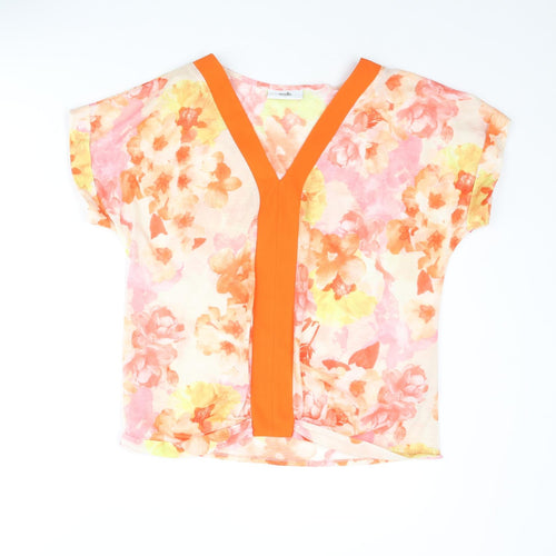 Wallis Womens Orange Floral Polyester Basic Blouse Size S V-Neck