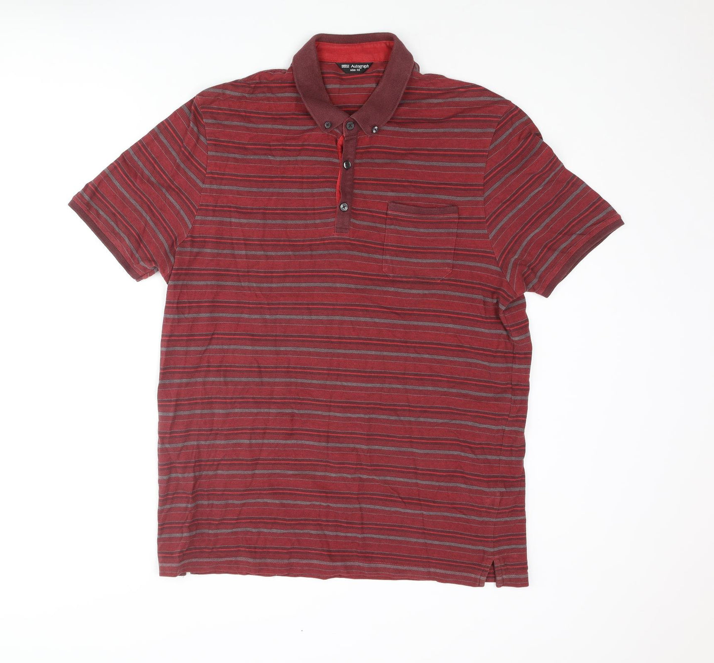 Autograph Mens Red Striped Cotton Polo Size XL Collared Button