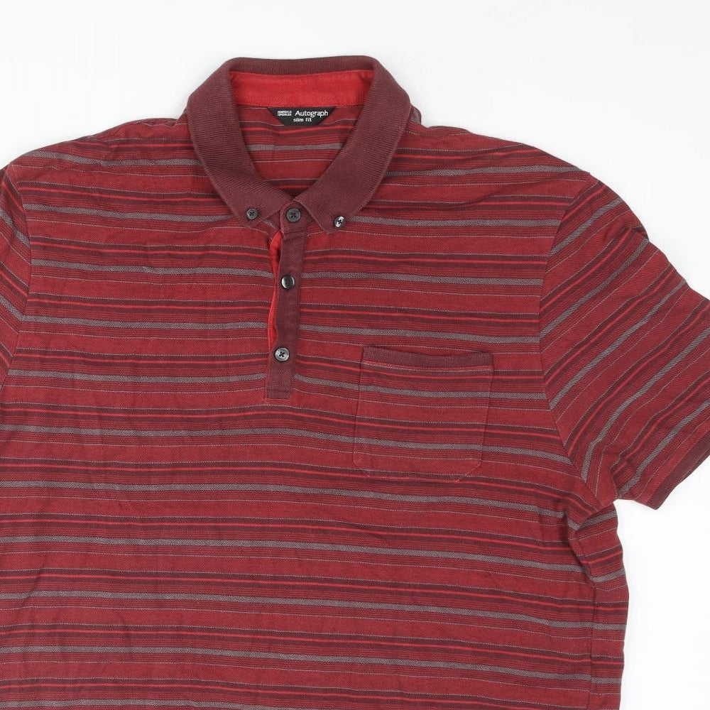 Autograph Mens Red Striped Cotton Polo Size XL Collared Button