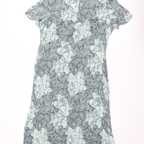 Windsmoor Womens Blue Animal Print Silk Pencil Dress Size 12 Mock Neck Zip - Keyhole Snake Print