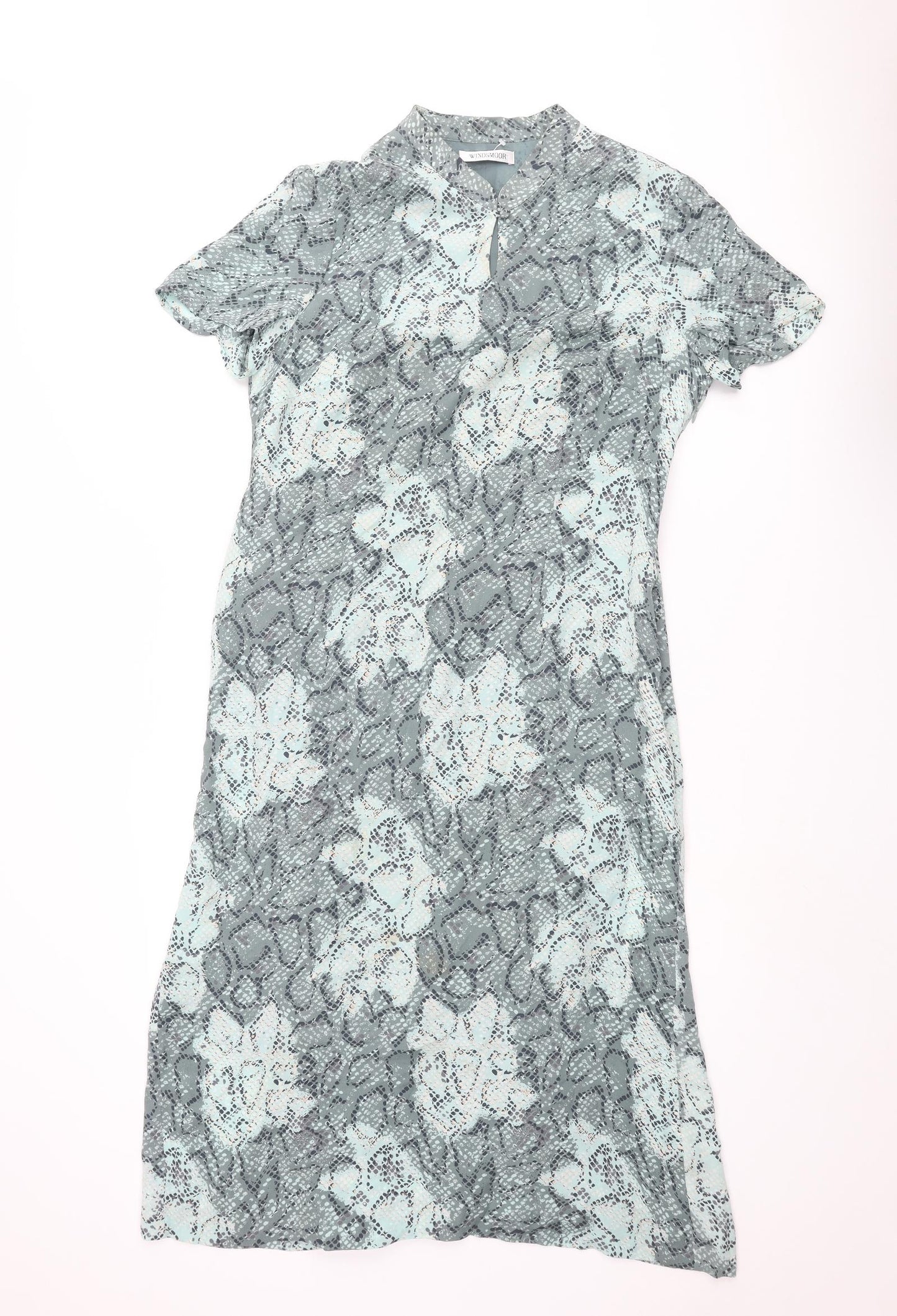 Windsmoor Womens Blue Animal Print Silk Pencil Dress Size 12 Mock Neck Zip - Keyhole Snake Print