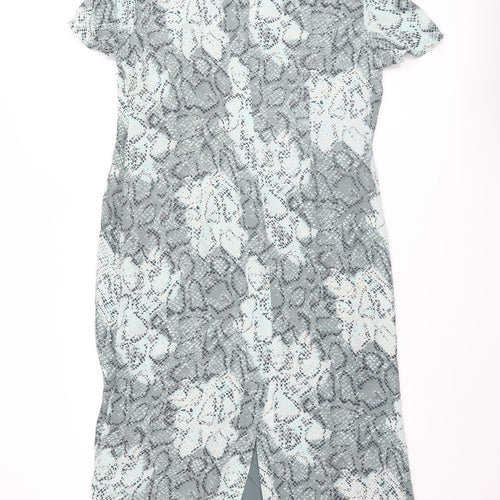 Windsmoor Womens Blue Animal Print Silk Pencil Dress Size 12 Mock Neck Zip - Keyhole Snake Print