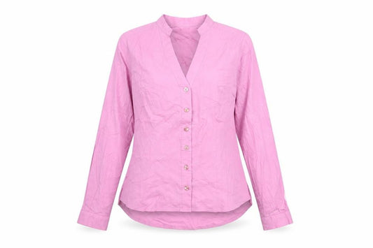 Front view of Sticky Fingers women’s pink polyester basic button-up, size UK 10, v-neck