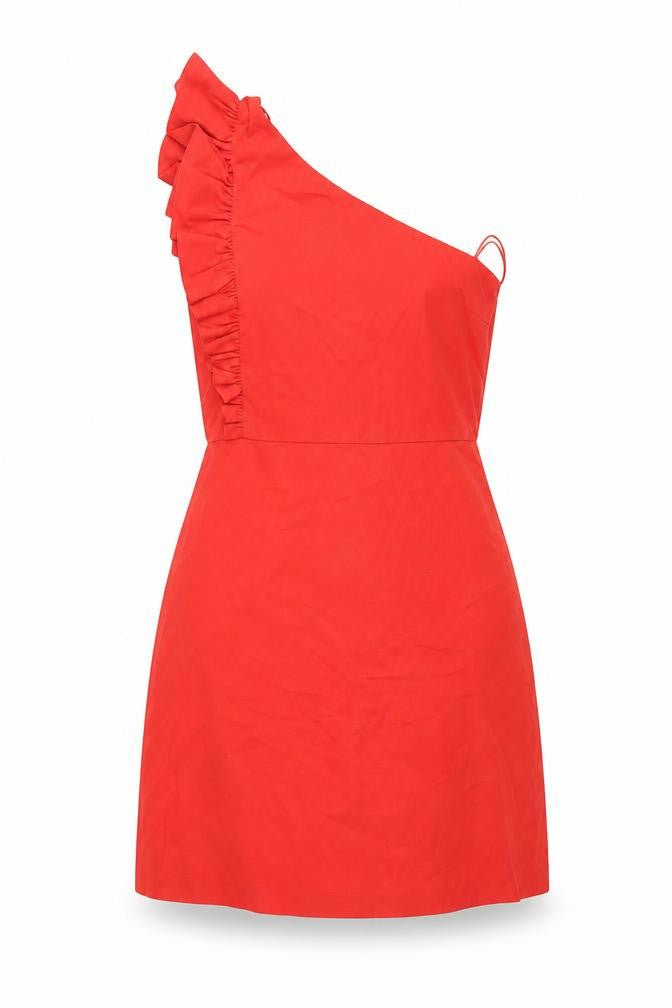 Front view of Zara women’s red cotton mini, size XS, one shoulder zip - frill