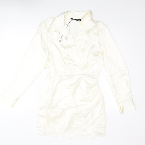 Zara Womens Ivory Polyester Wrap Dress Size M Collared Zip