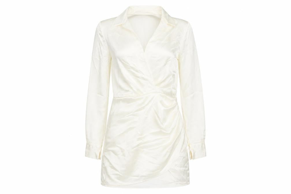 Front view of Zara women’s ivory polyester wrap dress, size M, collared zip