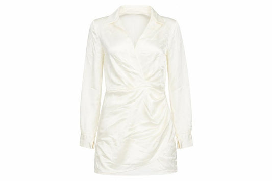 Front view of Zara women’s ivory polyester wrap dress, size M, collared zip