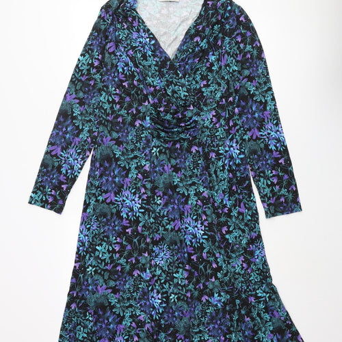David Neiper Womens Blue Floral Viscose Shift Size 16 V-Neck Pullover