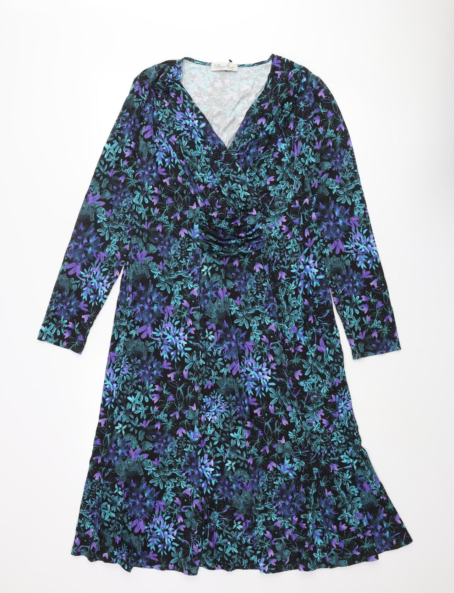 David Neiper Womens Blue Floral Viscose Shift Size 16 V-Neck Pullover