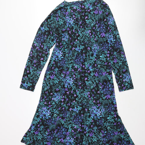 David Neiper Womens Blue Floral Viscose Shift Size 16 V-Neck Pullover