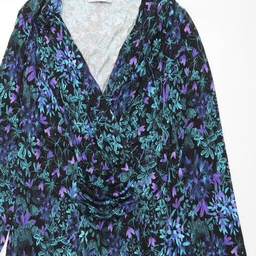David Neiper Womens Blue Floral Viscose Shift Size 16 V-Neck Pullover