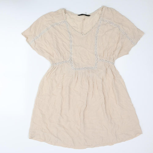 Zara Womens Beige Polyester A-Line Size S V-Neck Pullover - Lace Detail