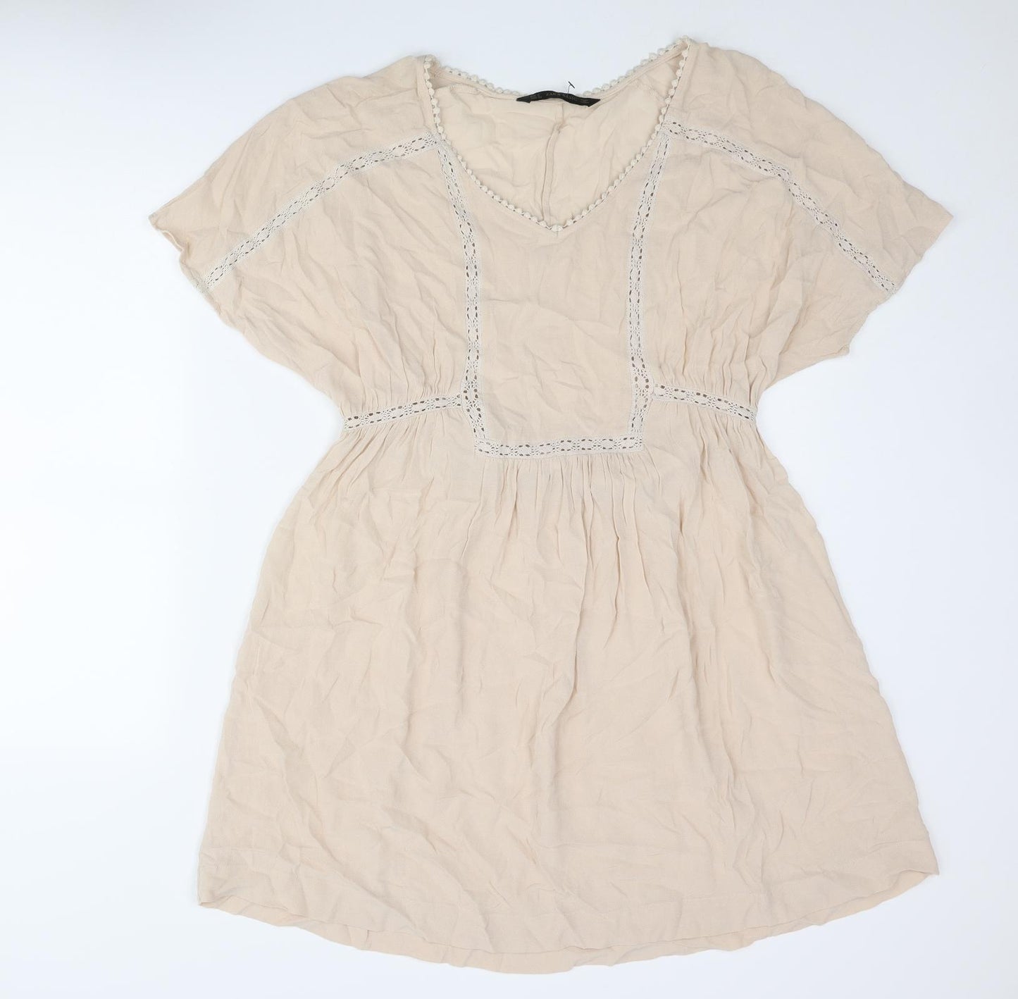 Zara Womens Beige Polyester A-Line Size S V-Neck Pullover - Lace Detail