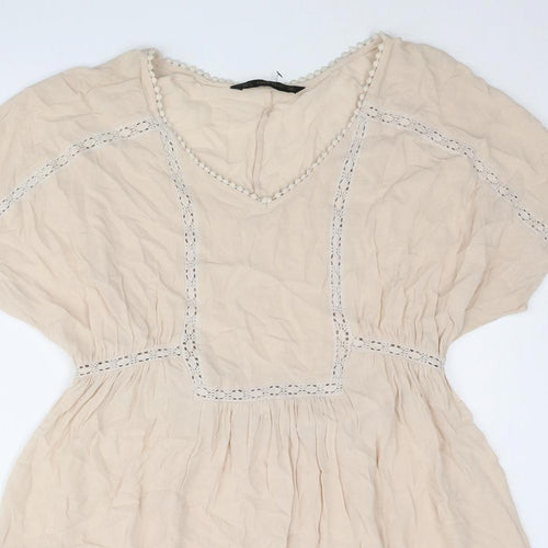 Zara Womens Beige Polyester A-Line Size S V-Neck Pullover - Lace Detail