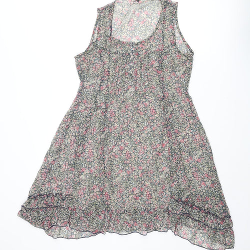 Indigo Womens Multicoloured Floral Polyester Shift Size 12 Scoop Neck Button - Frill