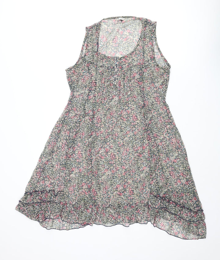 Indigo Womens Multicoloured Floral Polyester Shift Size 12 Scoop Neck Button - Frill