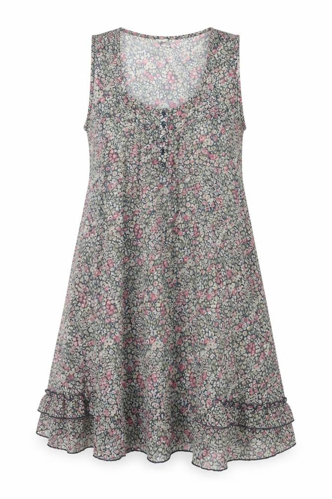 Front view of Indigo women’s multicoloured floral polyester shift, size UK 12, scoop neck button - frill
