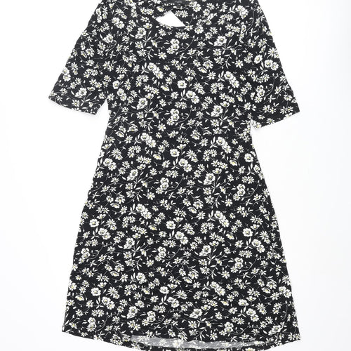 NEXT Womens Black Floral Viscose A-Line Size 12 Round Neck Pullover - Cut Out Back