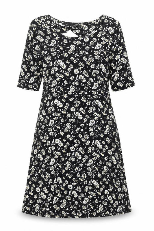 Front view of Next women’s black floral viscose a-line, size UK 12, round neck pullover - cut out back