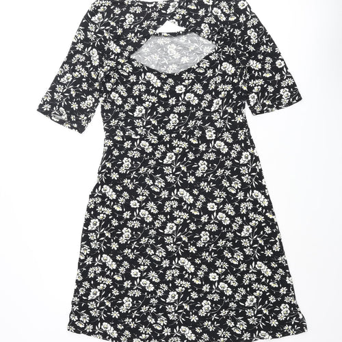 NEXT Womens Black Floral Viscose A-Line Size 12 Round Neck Pullover - Cut Out Back