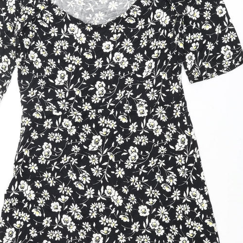 NEXT Womens Black Floral Viscose A-Line Size 12 Round Neck Pullover - Cut Out Back