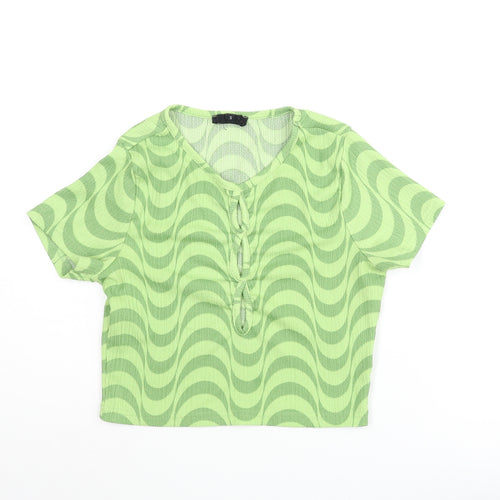Wednesday's Girl Womens Green Geometric Polyester Cropped T-Shirt Size S Round Neck - Cut Out