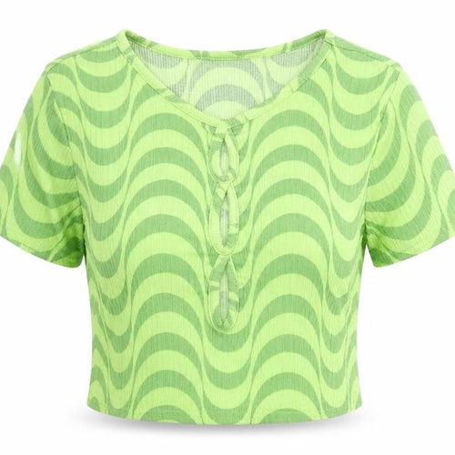 Wednesday's Girl Womens Green Geometric Polyester Cropped T-Shirt Size S Round Neck - Cut Out