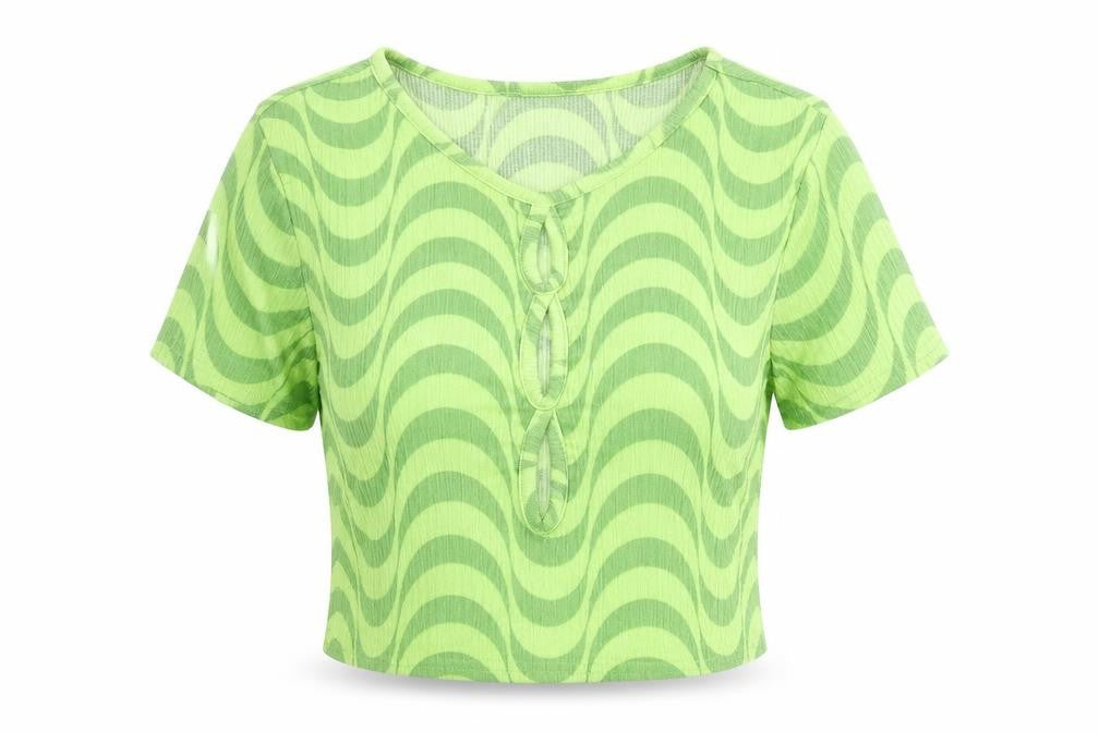 Wednesday's Girl Womens Green Geometric Polyester Cropped T-Shirt Size S Round Neck - Cut Out