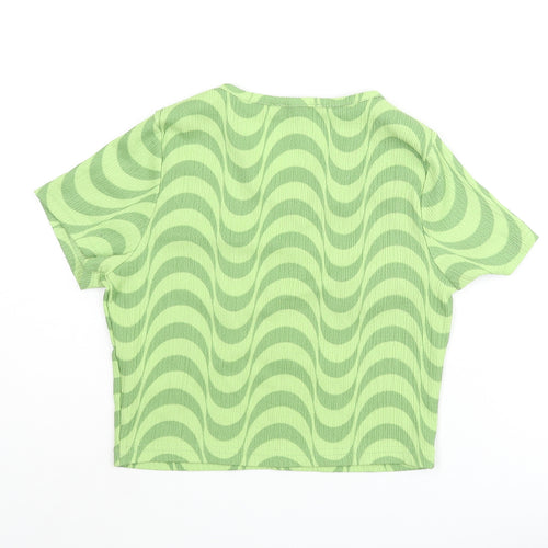Wednesday's Girl Womens Green Geometric Polyester Cropped T-Shirt Size S Round Neck - Cut Out