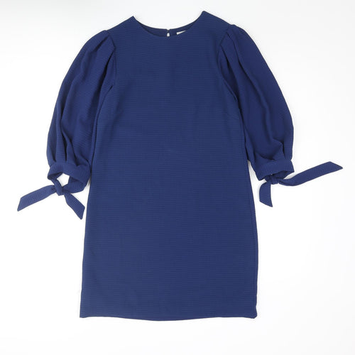 H&M Womens Blue Polyester Shift Size 6 Round Neck Button - Bow