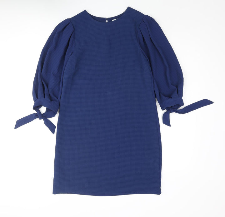 H&M Womens Blue Polyester Shift Size 6 Round Neck Button - Bow