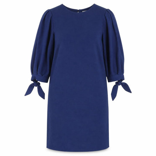 Front view of H&M women’s blue polyester shift, size UK 6, round neck button - bow