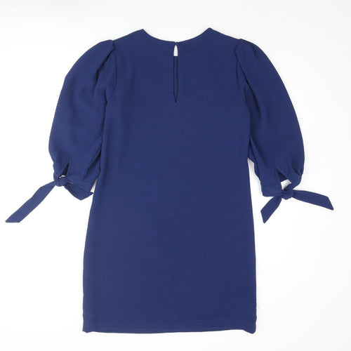 H&M Womens Blue Polyester Shift Size 6 Round Neck Button - Bow