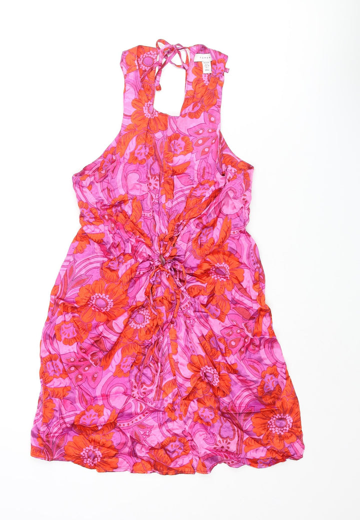 Topshop Womens Multicoloured Geometric Viscose Mini Size 6 Scoop Neck Tie - Drawstring Ring Floral Print