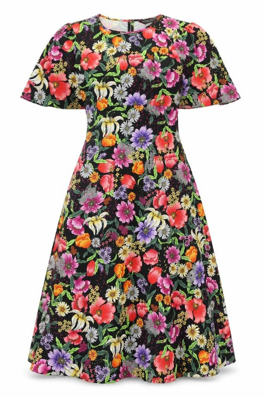 Front view of Dorothy Perkins women’s multicoloured floral polyester a-line, size UK 8, round neck zip
