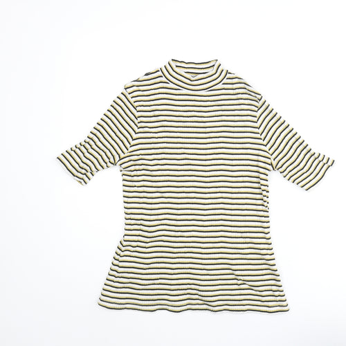 Marks and Spencer Womens Multicoloured Striped Cotton Basic T-Shirt Size 12 Mock Neck