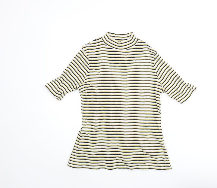 Marks and Spencer Womens Multicoloured Striped Cotton Basic T-Shirt Size 12 Mock Neck
