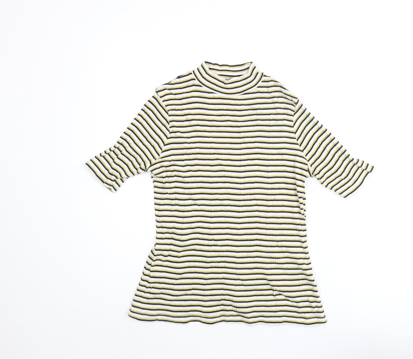 Marks and Spencer Womens Multicoloured Striped Cotton Basic T-Shirt Size 12 Mock Neck