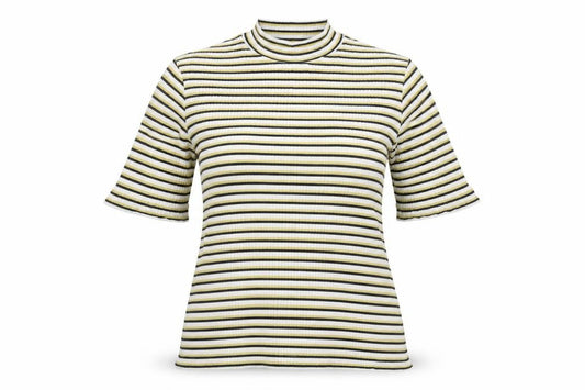 Front view of Marks & Spencer women’s multicoloured striped cotton basic t-shirt, size UK 12, mock neck