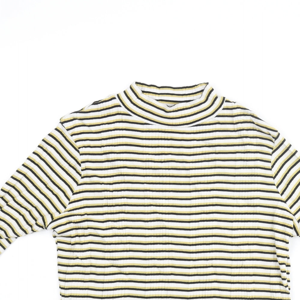 Marks and Spencer Womens Multicoloured Striped Cotton Basic T-Shirt Size 12 Mock Neck