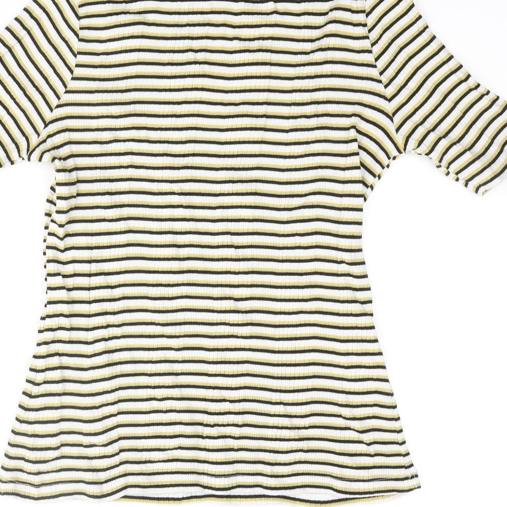 Marks and Spencer Womens Multicoloured Striped Cotton Basic T-Shirt Size 12 Mock Neck